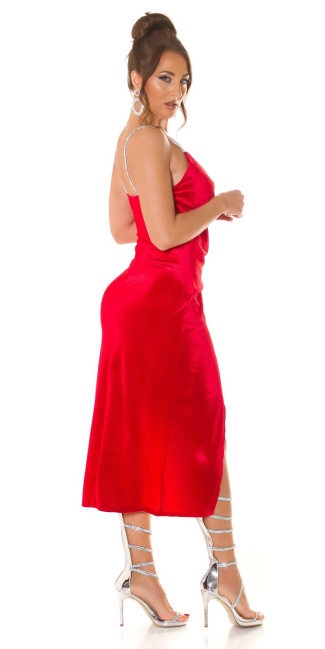 Fluweel look jurk met glitter bandjes rood